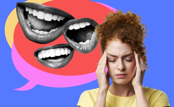 Woman holding temples with a stress headache surrounded by speech bubbles and cut outs of mouth.