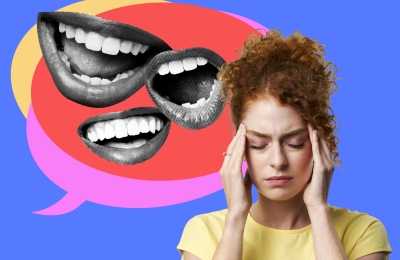 Woman holding temples with a stress headache surrounded by speech bubbles and cut outs of mouth.